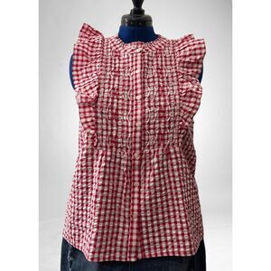 LOFT Red and White Plaid Ruffle Bib Button Top, XL